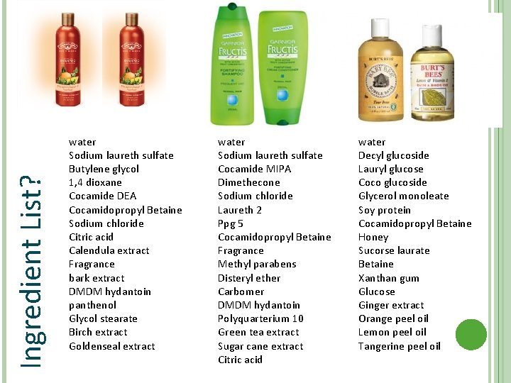 Ingredient List? water Sodium laureth sulfate Butylene glycol 1, 4 dioxane Cocamide DEA Cocamidopropyl