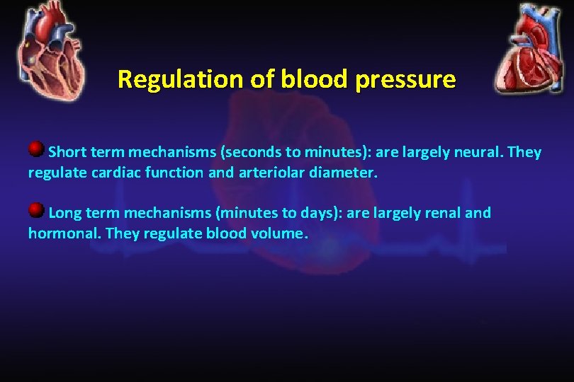 Regulation of blood pressure Short term mechanisms (seconds to minutes): are largely neural. They