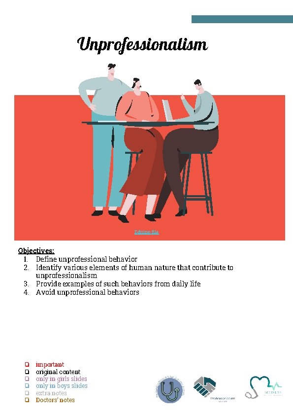 Unprofessionalism Editing file Objectives: 1. Define unprofessional behavior 2. Identify various elements of human