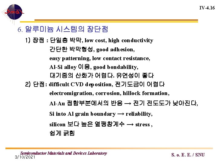 IV-4. 16 6. 알루미늄 시스템의 장단점 1) 장점 : 단일층 박막, low cost, high