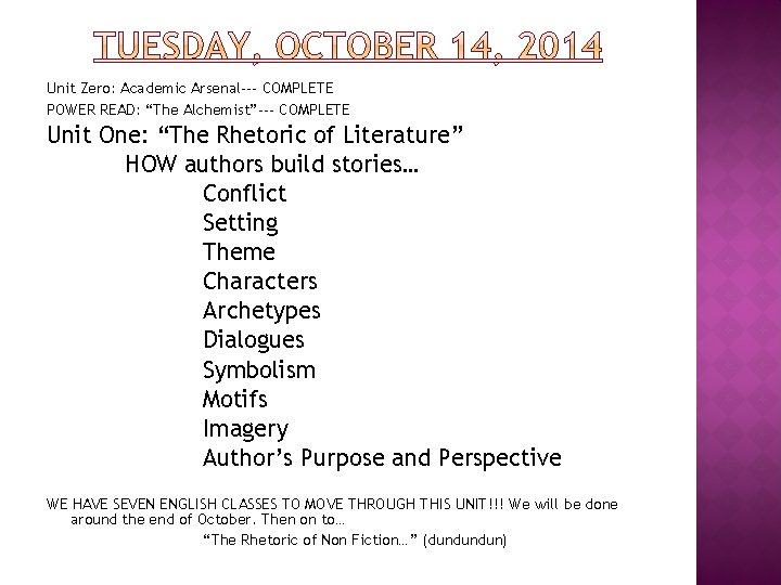 Unit Zero: Academic Arsenal--- COMPLETE POWER READ: “The Alchemist”--- COMPLETE Unit One: “The Rhetoric