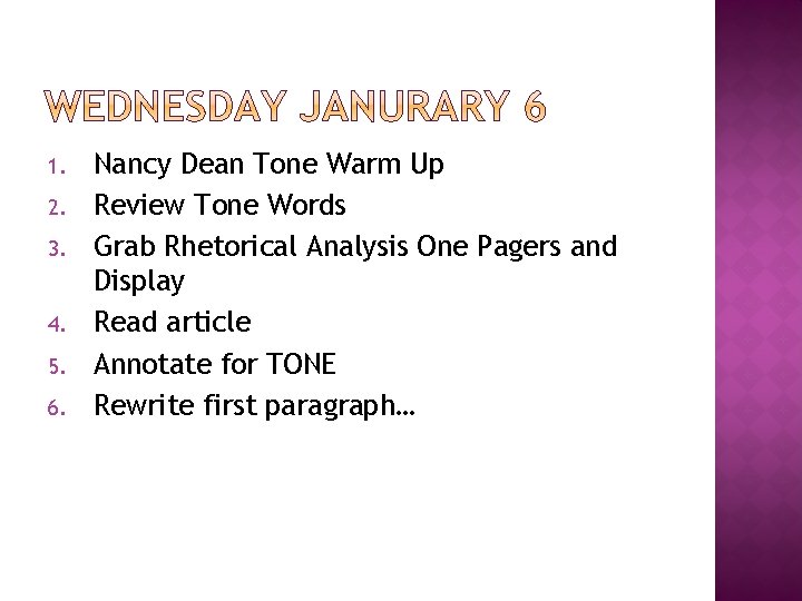 1. 2. 3. 4. 5. 6. Nancy Dean Tone Warm Up Review Tone Words
