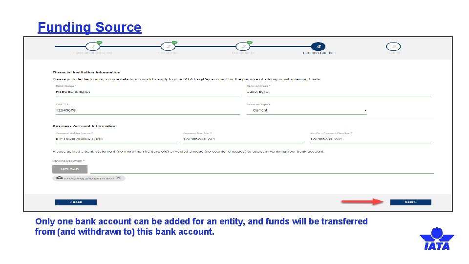 Funding Source Only one bank account can be added for an entity, and funds