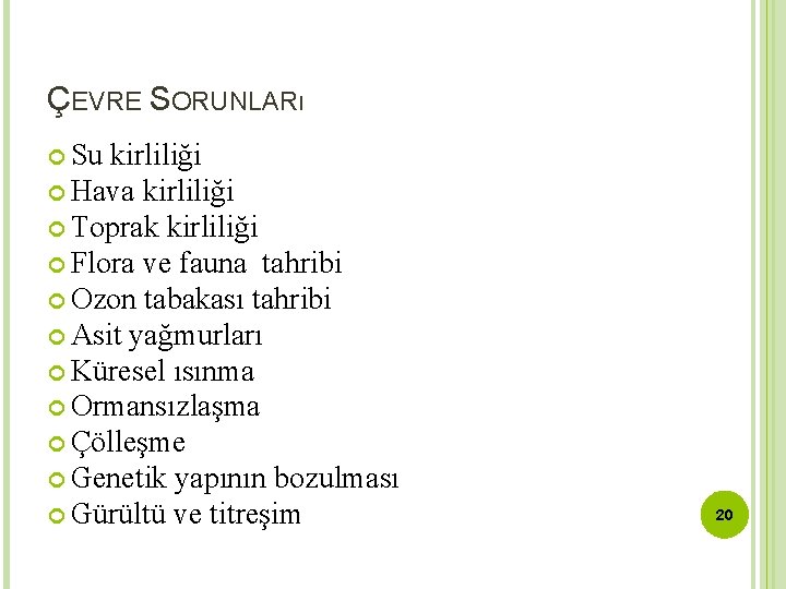 ÇEVRE SORUNLARı Su kirliliği Hava kirliliği Toprak kirliliği Flora ve fauna tahribi Ozon tabakası