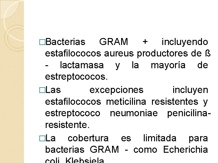 �Bacterias GRAM + incluyendo estafilococos aureus productores de ß - lactamasa y la mayoría