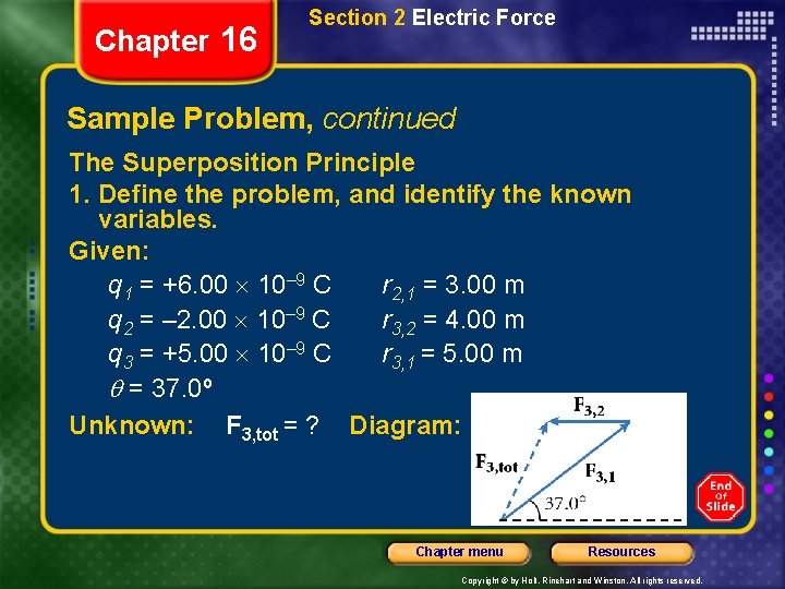 Chapter 16 Section 2 Electric Force Sample Problem, continued The Superposition Principle 1. Define