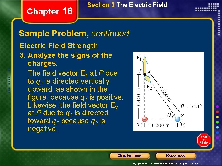 Chapter 16 Section 3 The Electric Field Sample Problem, continued Electric Field Strength 3.