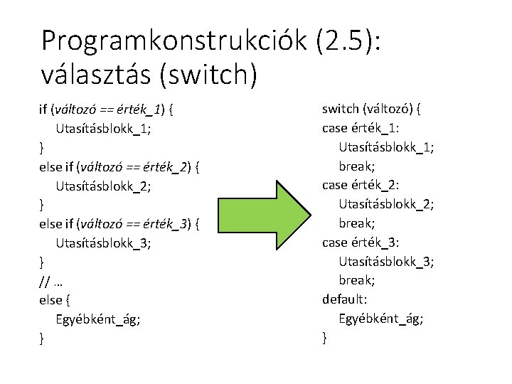 Programkonstrukciók (2. 5): választás (switch) if (változó == érték_1) { Utasításblokk_1; } else if Programkonstrukciók (2. 5): választás (switch) if (változó == érték_1) { Utasításblokk_1; } else if