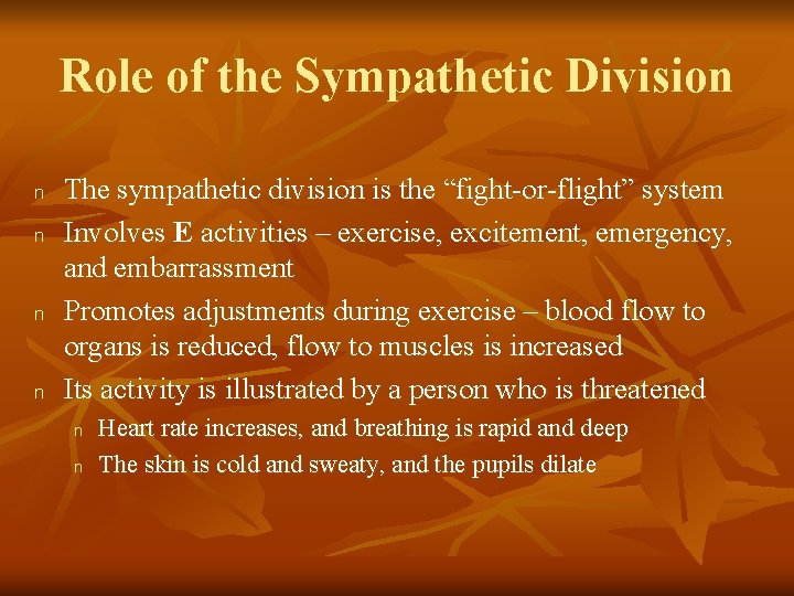 Role of the Sympathetic Division n n The sympathetic division is the “fight-or-flight” system