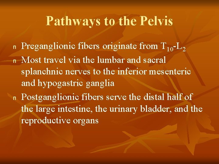 Pathways to the Pelvis n n n Preganglionic fibers originate from T 10 -L