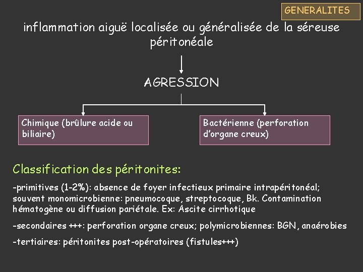 GENERALITES inflammation aiguë localisée ou généralisée de la séreuse péritonéale AGRESSION Chimique (brûlure acide