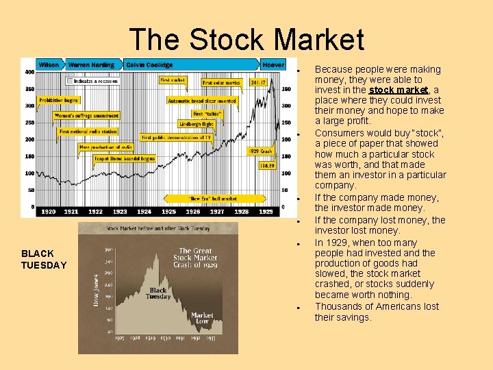 The Stock Market ● ● ● BLACK TUESDAY ● Because people were making money,