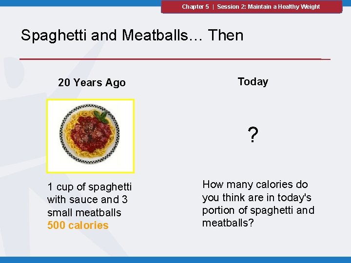 Chapter 5 | Session 2: Maintain a Healthy Weight Spaghetti and Meatballs… Then 20