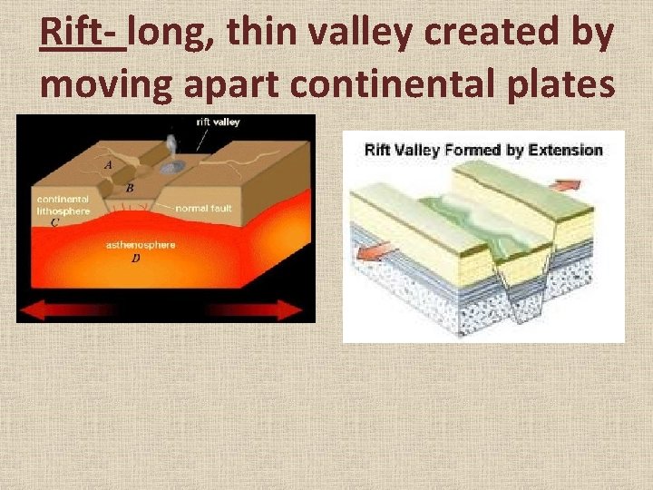 Rift- long, thin valley created by moving apart continental plates 