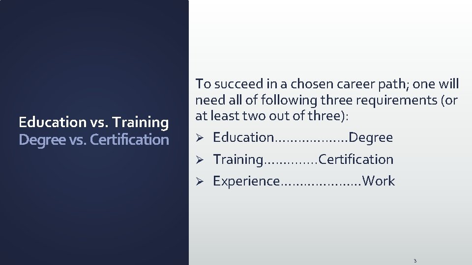 Education vs. Training Degree vs. Certification To succeed in a chosen career path; one