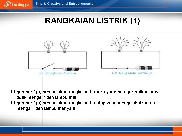 RANGKAIAN LISTRIK (1) q gambar 1(a) menunjukan rangkaian terbuka yang mengakibatkan arus tidak mengalir