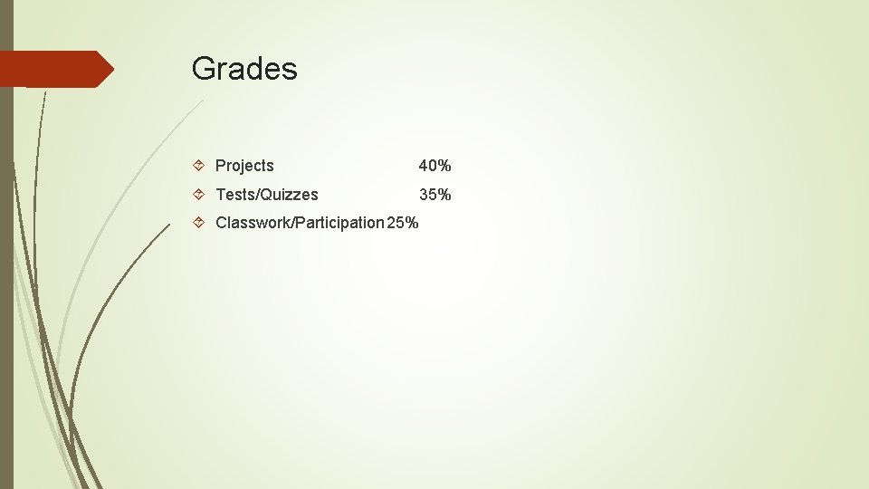 Grades Projects 40% Tests/Quizzes 35% Classwork/Participation 25% 