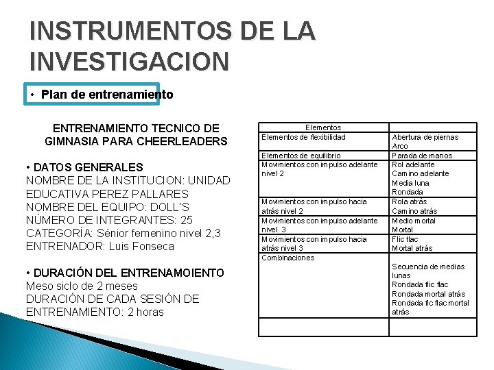 INSTRUMENTOS DE LA INVESTIGACION • Plan de entrenamiento ENTRENAMIENTO TECNICO DE GIMNASIA PARA CHEERLEADERS