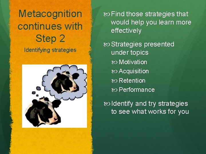 Metacognition continues with Step 2 Identifying strategies Find those strategies that would help you