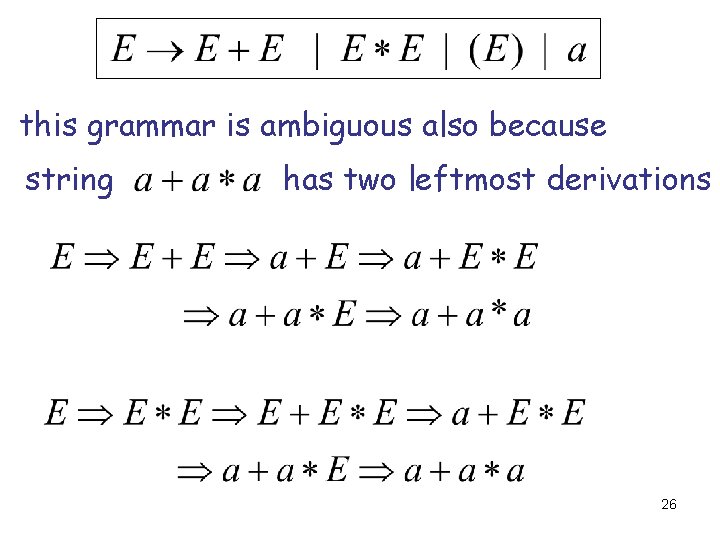 this grammar is ambiguous also because string has two leftmost derivations 26 