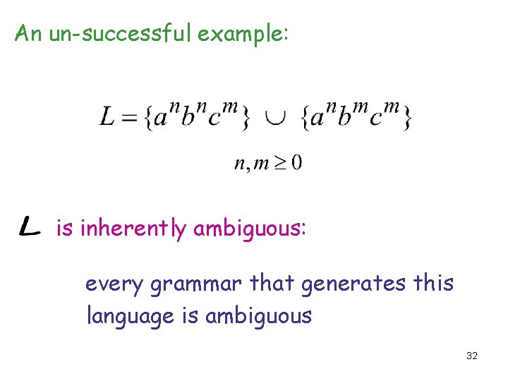 An un-successful example: is inherently ambiguous: every grammar that generates this language is ambiguous