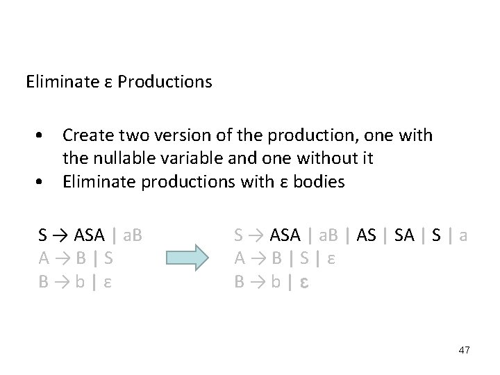 Eliminate ε Productions • Create two version of the production, one with the nullable