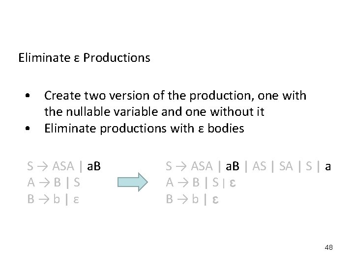Eliminate ε Productions • Create two version of the production, one with the nullable