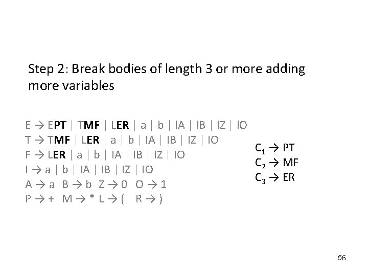 Step 2: Break bodies of length 3 or more adding more variables E →