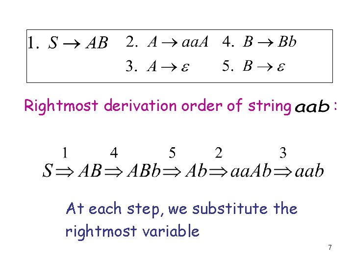 Rightmost derivation order of string : At each step, we substitute the rightmost variable