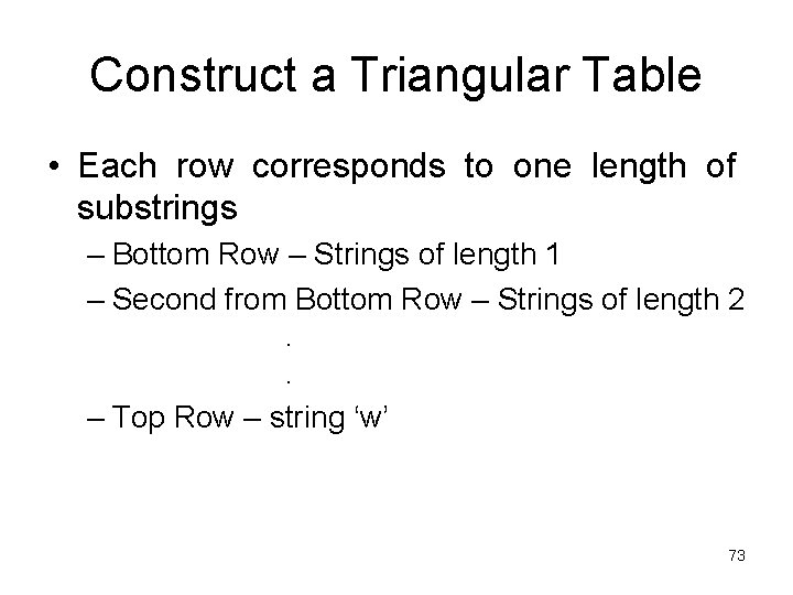 Construct a Triangular Table • Each row corresponds to one length of substrings –