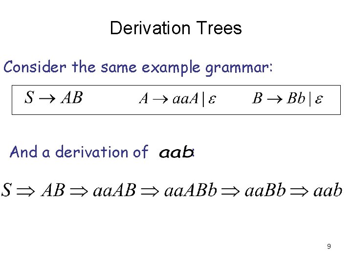 Derivation Trees Consider the same example grammar: And a derivation of : 9 