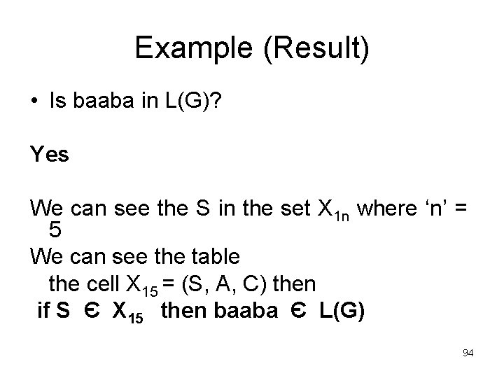 Example (Result) • Is baaba in L(G)? Yes We can see the S in