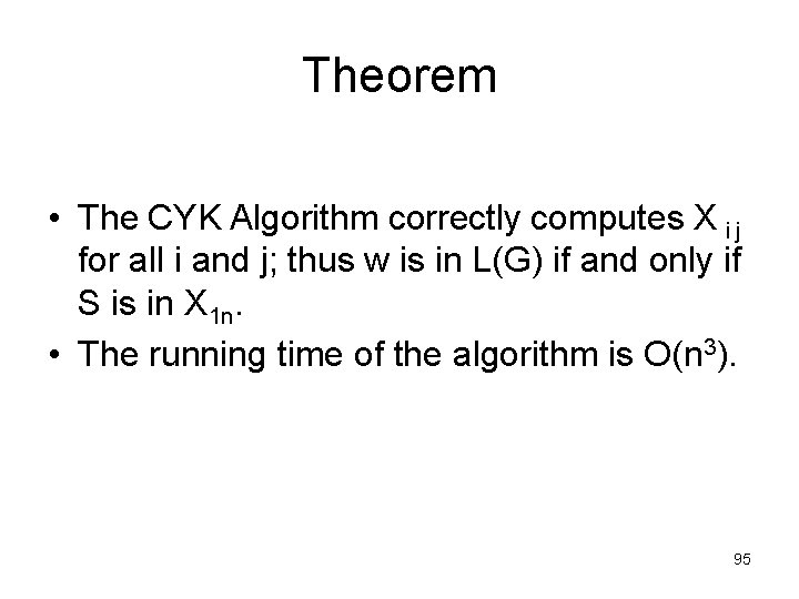 Theorem • The CYK Algorithm correctly computes X i j for all i and