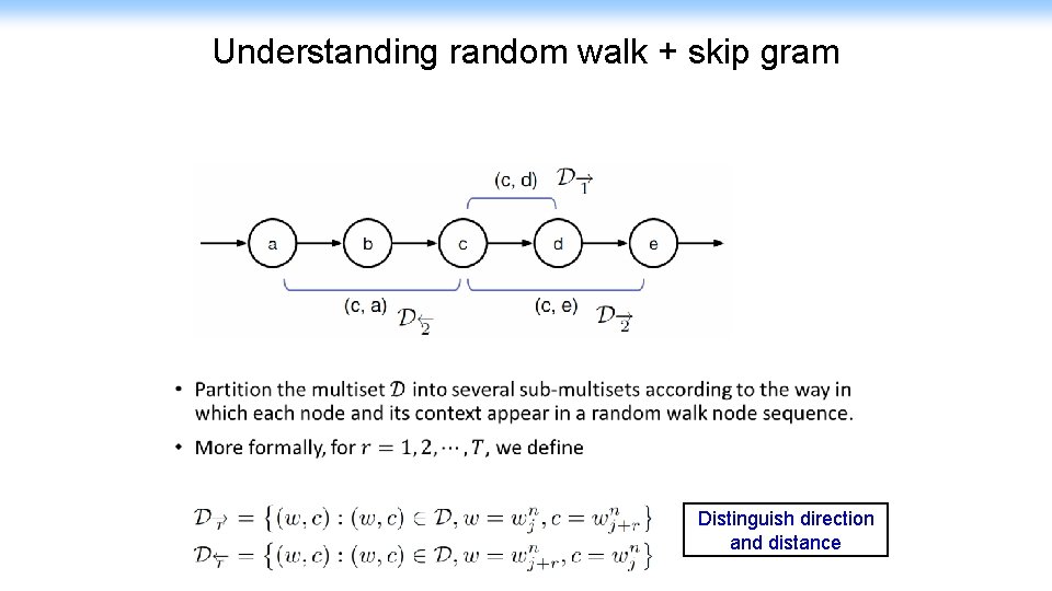 Understanding random walk + skip gram • Distinguish direction and distance 