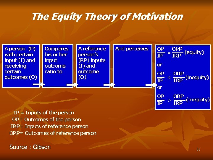 The Equity Theory of Motivation A person (P) with certain input (I) and receiving