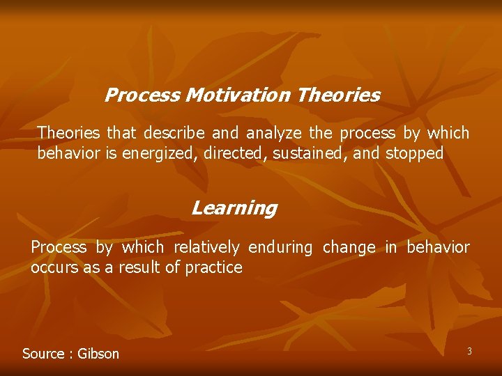 Process Motivation Theories that describe and analyze the process by which behavior is energized,