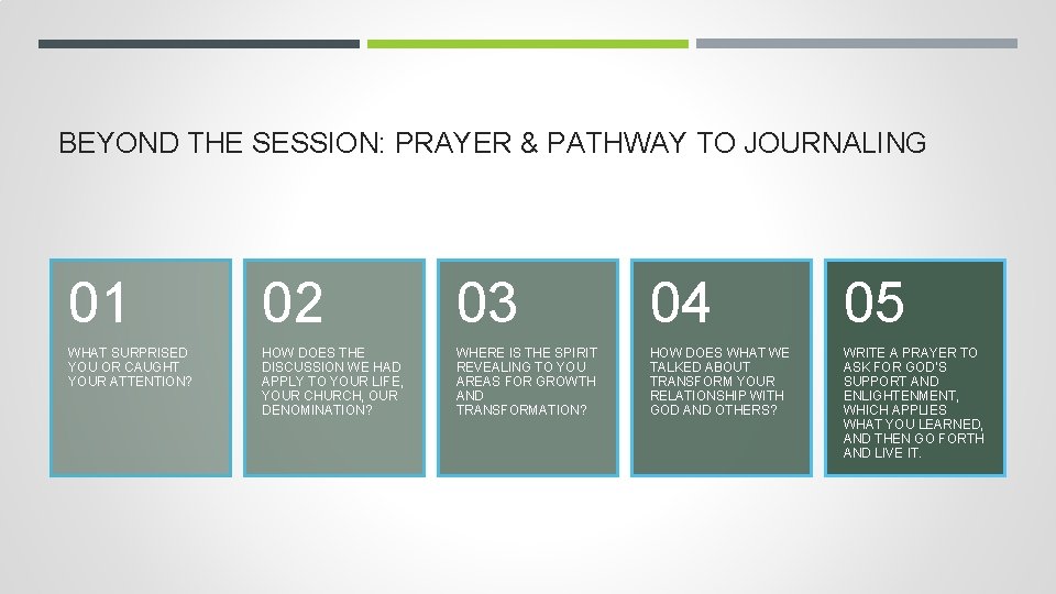 BEYOND THE SESSION: PRAYER & PATHWAY TO JOURNALING 01 02 03 04 05 WHAT