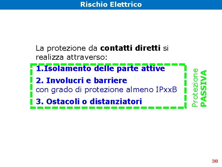 Rischio Elettrico 1. Isolamento delle parte attive 2. Involucri e barriere con grado di