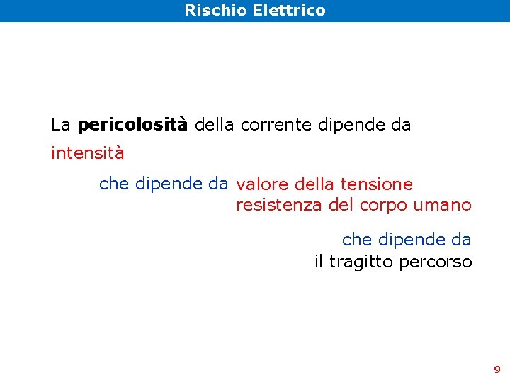 Rischio Elettrico La pericolosità della corrente dipende da intensità che dipende da valore della