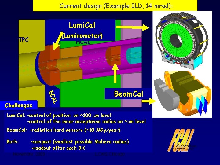 Current design (Example ILD, 14 mrad): Lumi. Cal (Luminometer) TPC HCAL AL EC Challenges