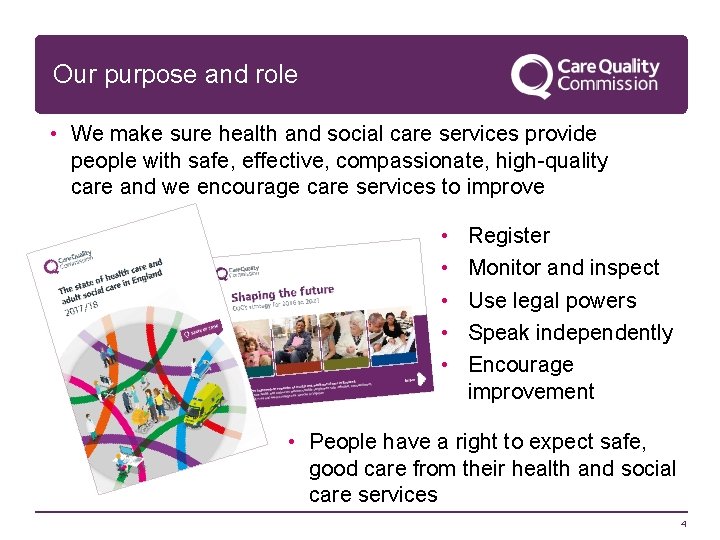 Our purpose and role • We make sure health and social care services provide