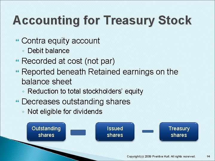 Accounting for Treasury Stock Contra equity account ◦ Debit balance Recorded at cost (not