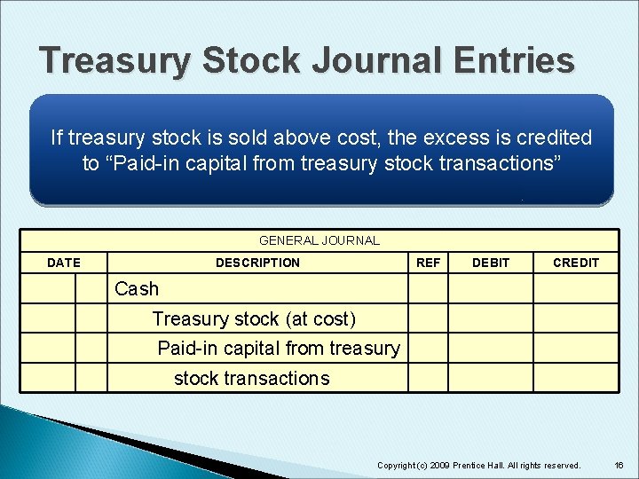 Treasury Stock Journal Entries If treasury stock is sold above cost, the excess is