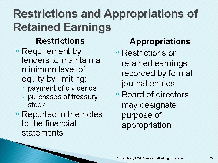 Restrictions and Appropriations of Retained Earnings Restrictions Requirement by lenders to maintain a minimum