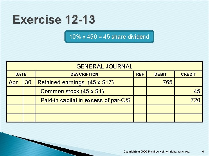 Exercise 12 -13 10% x 450 = 45 share dividend GENERAL JOURNAL DATE Apr