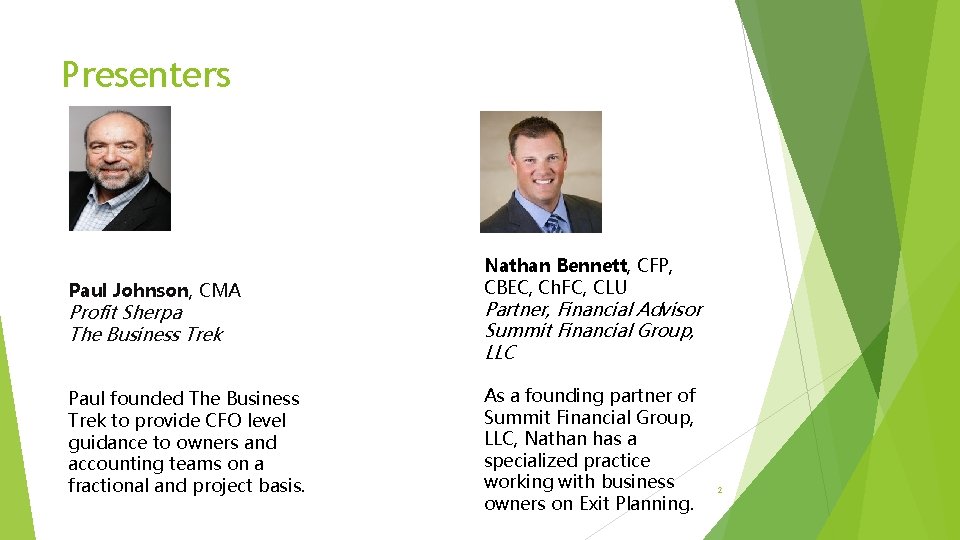 Presenters Paul Johnson, CMA Nathan Bennett, CFP, CBEC, Ch. FC, CLU Profit Sherpa The Presenters Paul Johnson, CMA Nathan Bennett, CFP, CBEC, Ch. FC, CLU Profit Sherpa The