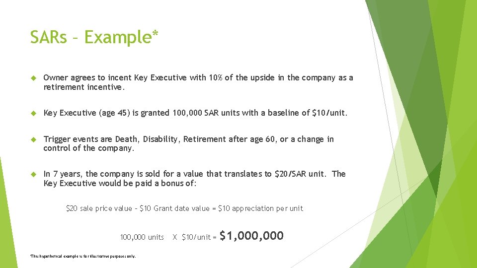 SARs – Example* Owner agrees to incent Key Executive with 10% of the upside SARs – Example* Owner agrees to incent Key Executive with 10% of the upside