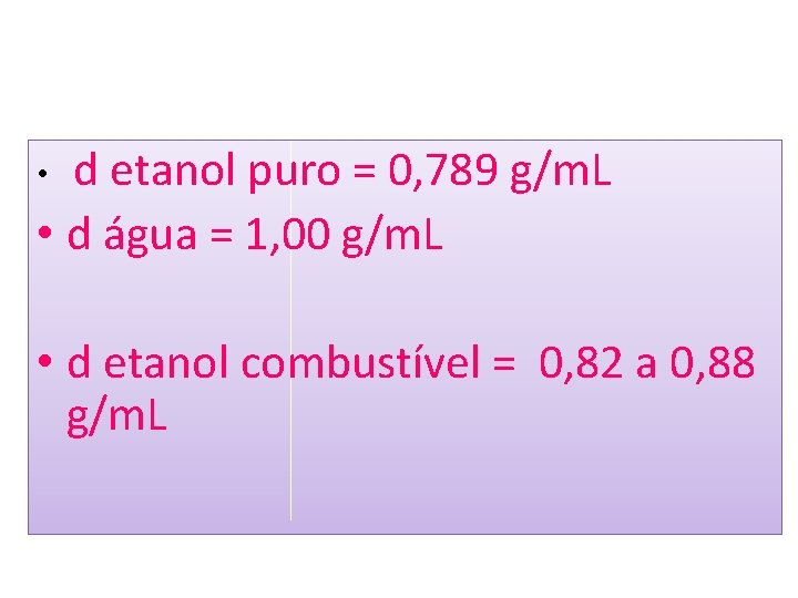 d etanol puro = 0, 789 g/m. L • d água = 1, 00