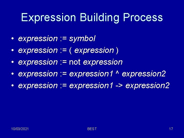 Expression Building Process • • • expression : = symbol expression : = ( Expression Building Process • • • expression : = symbol expression : = (