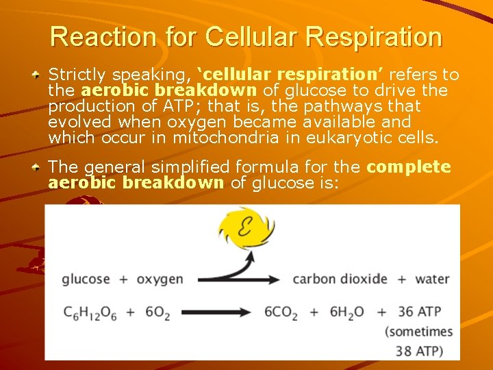 Reaction for Cellular Respiration Strictly speaking, ‘cellular respiration’ refers to the aerobic breakdown of